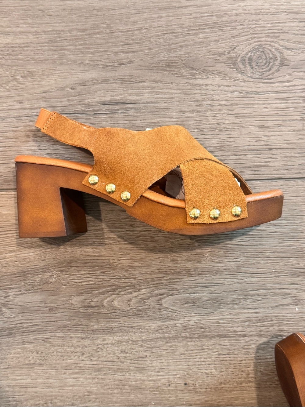 Suede Tan Studded Slingback Block Heel Sandal - Picture 3 of 6
